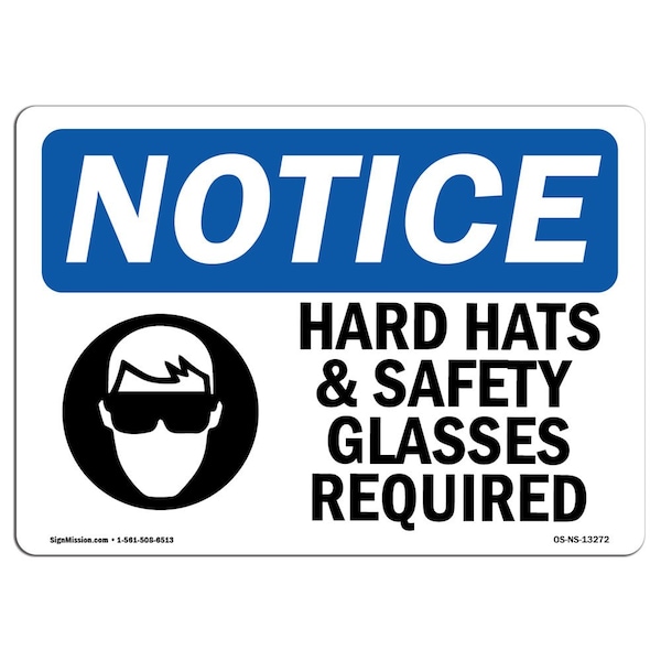 OSHA Sign, Hard Hats & Glasses Required W/, 5in X 3.5in Decal, 10PK, 5" W, 3.5" H, Landscape, PK10